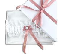 Personalised Garter - White/Rose Gold with gold text - Perfect Something Blue Bridal Garter Bride to Be Wedding Hen Party (Garter & Gift Box)