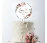 Personalised Gender Neutral Baby Shower Cake Topper - Custom Babies Name & Party Date Floral Autumn Beige Designs For Baby Boy or Girl Announcement (Pink Flora)