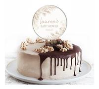 Personalised Gender Neutral Baby Shower Cake Topper - Custom Babies Name & Party Date Floral Autumn Beige Designs For Baby Boy or Girl Announcement (Beige Floral)
