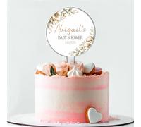 Personalised Gender Neutral Baby Shower Cake Topper - Custom Babies Name & Party Date Floral Autumn Beige Designs For Baby Boy or Girl Announcement (Beige & Pink Floral)