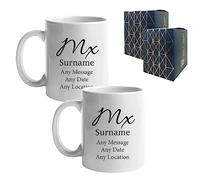 Personalised Gender Neutral Wedding Gift, Mx and Mx Mug Set or Custom Title with Any Message and Surname, Elegant Font Design, Gift Boxed, 11oz/312ml Mugs