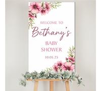 Personalised Gender Reveal Party Decoration, Baby Shower Welcome Sign - Custom Name & Date, Floral Theme, Elegant Flowers Baby Keepsake Name Plaque (Pink)