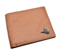 Personalised Genuine Leather Brown Bi-Fold Wallet with an English Pewter Fishing Fly Hook 'Orange Marabou' Design, Presented in a Gift Pouch