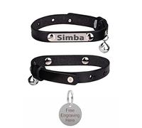 Personalised Genuine Leather Cat Collar With Engraved Name Plate Tag, Bell & Optional Customised Tag (Black, With 25mm Plain Silver Tag)