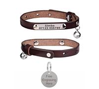 Personalised Genuine Leather Cat Collar With Engraved Name Plate Tag, Bell & Optional Customised Tag (Dark Brown, With 25mm Plain Silver Tag)