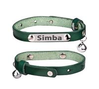 Personalised Genuine Leather Cat Collar With Engraved Name Plate Tag, Bell & Optional Customised Tag (Green, No Tag, Only Collar)