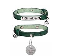 Personalised Genuine Leather Cat Collar With Engraved Name Plate Tag, Bell & Optional Customised Tag (Green, With 25mm Plain Silver Tag)