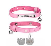 Personalised Genuine Leather Cat Collar with Engraved Name Plate Tag, Bell & Optional Customised Tag (Pink, with Silver Cat Face Tag)