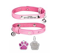 Personalised Genuine Leather Cat Collar with Engraved Name Plate Tag, Bell & Optional Customised Tag (Pink, with Paw Shaped Glitter Tag)