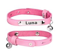 Personalised Genuine Leather Cat Collar With Engraved Name Plate Tag, Bell & Optional Customised Tag (Pink, No Tag, Only Collar)