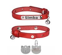Personalised Genuine Leather Cat Collar with Engraved Name Plate Tag, Bell & Optional Customised Tag (Red, with Silver Cat Face Tag)
