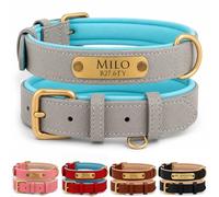 Personalised Genuine Leather Dog Collar, Soft Padded Adjustable Collar with Custom Engraved Name Plate, Custom ID Nameplate Collar for Puppy Small Medium Large Dogs, UK Dispatch (Green, M)