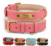 Personalised Genuine Leather Dog Collar, Soft Padded Adjustable Collar with Custom Engraved Name Plate, Custom ID Nameplate Collar for Puppy Small Medium Large Dogs, UK Dispatch (Pink, XL)