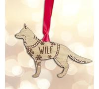Personalised German Shepherd Dog Christmas Tree Bauble Decoration, Wearing a Dog Jumper Design with Snowflakes, Customised Puppy Hanging Ornament, Oak Veneer Wood with Red Ribbon