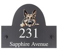 Personalised German Shepherd Dog Motif Natural Stone Slate House Name or House Number Plaque Sign - 25x20cm - Premium Smooth Stone Slate