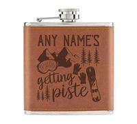 Personalised Getting Piste Snowboarding 6oz PU Leather Hip Flask Tan
