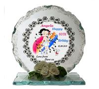 Personalised Gift. 60th Birthday plaque Card A Cut Glass Round Plaque, custom made to order by Cellini Plaques its a gift and a card in one!