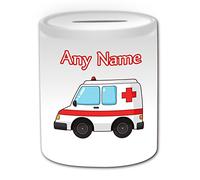 Personalised Gift - Ambulance Money Box (Transport Design Theme, White) - Any Name / Message on Your Unique - Saving Piggy Bank - NHS Van Vehicle Hospital St John Red Cross Paramedic Emergency Services 999 Driver Automobile