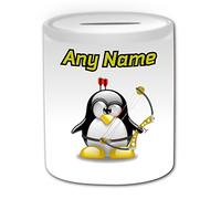 Personalised Gift - Archery Money Box (Penguin in Costume Design, White) Any Name Message Unique Saving Piggy Bank Funny Novelty Favourite Fancy Team Player Shoot Bow Arrow Archer Bowman Sport Hobby
