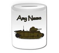 Personalised Gift - Armoured Tank Money Box (Military Design Theme, White) - Any Name / Message on Your Unique - Saving Piggy Bank - Army Armed Forces Soldier World War Weapon Battle Fighting Vehicle Cannon Infantry