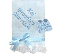 Personalised Gift Baby Boy's Shawl Blanket & Booties Set (Blue with Blue)