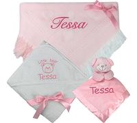 Personalised Gift Baby Shawl Blanket, Hooded Bath Towel & Cuddly Teddy Comforter Set
