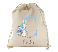 Personalised Gift Bag - Custom Name Blue Initial Bunny Beatrix Rabbit Drawstring Sack - Personalise Name Kids Children's Cotton Canvas Easter Birthday Christening Present Treat - Canvas M - 31 x 48cm