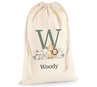 Personalised Gift Bag - Custom Name Jungle Theme Animals Drawstring Sack - Personalise Name Kids Children's Cotton Canvas Newborn Baby Shower Birthday Christening Present Treat - Canvas S - 23 x 34cm