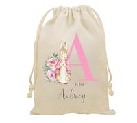 Personalised Gift Bag - Custom Name Pink Initial Bunny Beatrix Rabbit Drawstring Sack - Personalise Name Kids Children's Cotton Canvas Easter Birthday Christening Present Treat - Canvas S - 23 x 34cm