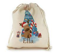 Personalised Gift Bag For Christmas, with Blue Christmas Tree Reindeer Mouse Design Print, Reusable, Xmas Drawstring Sack Customised with With Name/Initials/Text, Sizes: XXS, XS, S, M, L, XL