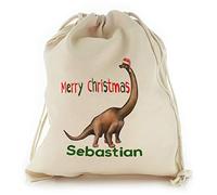 Personalised Gift Bag For Christmas, with Diplodocus Dinosaur Christams Design Print, Reusable, Xmas Drawstring Sack Customised with With Name/Initials/Text, Sizes: XXS, XS, S, M, L, XL