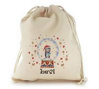 Personalised Gift Bag For Christmas, with Penguin Hearts Snow Globe Design Print, Reusable, Xmas Drawstring Sack Customised with With Name/Initials/Text, Sizes: XXS, XS, S, M, L, XL