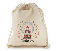 Personalised Gift Bag For Christmas, with Penguin Snow Globe Design Print, Reusable, Xmas Drawstring Sack Customised with With Name/Initials/Text, Sizes: XXS, XS, S, M, L, XL