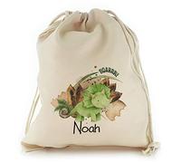 Personalised Gift Bag For Present, Reusable, Birthday Party Bag, Green Triceratops Dinosaur Print Design Drawstring Sack Customised with With Name/Initials/Text, Sizes: XXS, XS, S, M, L, XL