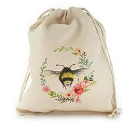 Personalised Gift Bag, Reusable, Bee Gift Bag, Pink Floral Bumble Bee Floral Design Drawstring Sack, Garden Seed Storage Bag Customised with With Name, Sizes: XXS, XS, S, M, L, XL