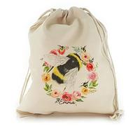 Personalised Gift Bag, Reusable, Bee Gift Bag, Pink Rose Bumble Bee Floral Design Drawstring Sack, Garden Seed Storage Bag Customised with With Name/Initials/Text, Sizes: XXS, XS, S, M, L, XL