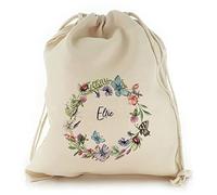 Personalised Gift Bag, Reusable, Floral Gift Bag, Garden Seed Storage Bag, Blue Butterfly Ladybird Daisy Wildflower Circle Design Drawstring Sack Customised with With Name, Sizes: XXS, XS, S, M, L, XL