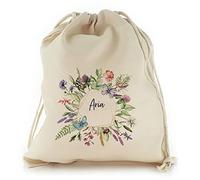 Personalised Gift Bag, Reusable, Floral Gift Bag, Garden Seed Storage Bag, Hexagonal Blue Butterfly Ladybird Daisy Flower Design Drawstring Sack Customised with With Name, Sizes: XXS, XS, S, M, L, XL