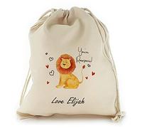 Personalised Gift Bag, Reusable, Lion Gift Bag, 'Your Roarsome!' Lion Hearts Design Drawstring Sack Customised with With Name/Initials/Text, Sizes: XXS, XS, S, M, L, XL