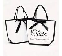 Personalised Gift Bag, White and Black Gift Bags With Custom Text Name Dates, Luxury Gift Bag With Rope Handle and Ribbon, Small Gift Bags