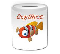 Personalised Gift - Big-Eye Clownfish Money Box (Animal Sealife Design Theme, White) - Any Name/Message on Your Unique - Piggy Bank Saving Jar Pot - Amphiprioninae Anemonefish Clown Fish - Nemo