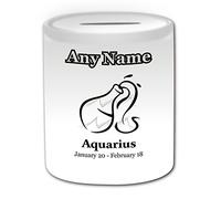 Personalised Gift - Black Simple Drawing Aquarius Money Box (Zodiac Design Theme, White) - Any Name / Message on Your Unique - Saving Piggy Bank - Astrology Astrological Star Sign Symbol Water-bearer January 20- February 18