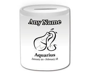 Personalised Gift - Black Simple Drawing Aquarius Money Box (Zodiac Design Theme, White) - Any Name / Message on Your Unique - Saving Piggy Bank - Astrology Astrological Star Sign Symbol Water-bearer January 20- February 18
