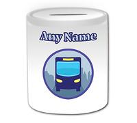Personalised Gift - Blue Bus Money Box (Transport Design Theme, White) - Any Name/Message on Your Unique - Saving Piggy Bank - Driver Vehicle Automobile Coach City Public