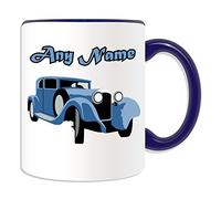 Personalised Gift - Blue Vintage Car Mug (Transport Design Theme, Colour Options) - Any Name / Message on Your Unique - Passenger Vehicle Automobile Sportscar Classic Retro Old Fashioned Sports Antique Driver