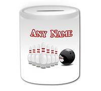 Personalised Gift - Bowling Money Box (Sport Design Theme, White) - Any Name/Message on Your Unique - Piggy Bank Saving Jar Pot - Ten Pin Ball