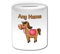 Personalised Gift - Brown Horse Money Box (Animal Design Theme, White) - Any Name/Message on Your Unique - Saving Piggy Bank - Toy