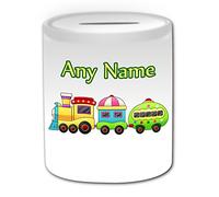 Personalised Gift - Cartoon Train Money Box (Transport Design Theme, White) - Any Name / Message on Your Unique - Saving Piggy Bank - Toy Public Rail Track Railway Cargo Passenger Steam Locomotive Trahiner Cabin In the Night Garden Ninky Nonk