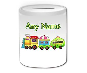 Personalised Gift - Cartoon Train Money Box (Transport Design Theme, White) - Any Name / Message on Your Unique - Saving Piggy Bank - Toy Public Rail Track Railway Cargo Passenger Steam Locomotive Trahiner Cabin In the Night Garden Ninky Nonk