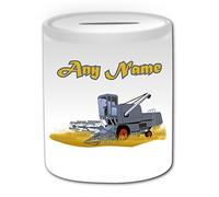 Personalised Gift - Combine Harvester Money Box (Transport Design Theme, White) - Any Name / Message on Your Unique - Saving Piggy Bank - Farm Tractor Driver Vehicle Automobile Reaping Threshing Winnowing Gain